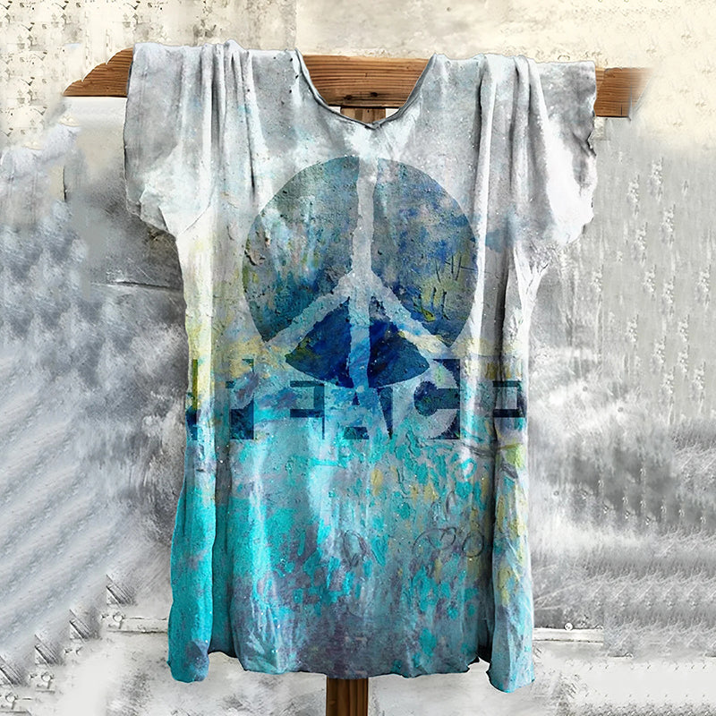Comstylish Women's Vintage Hippie Peace Art Print Linen Blend T-shirt
