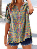 Women's Ethnic Flower Art Print Casual Cotton And Linen Short Sleeve S