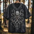 Retro Viking Crusoe Octopus Art Linen V-neck T-shirt elevenforest
