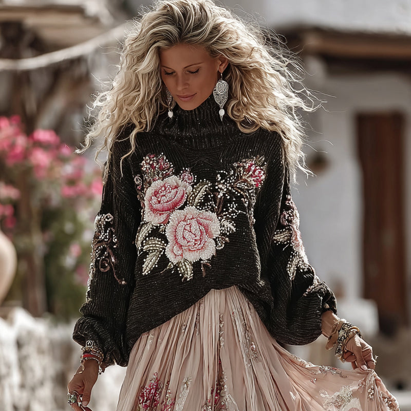 Vintage Rose In White Art Cozy Knit Turtleneck Sweater And Linen Skirt Two-piece Set elevenforest