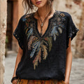 Western-style Colorful Feather Gemstone Element Vintage V-neck Linen Short-sleeved Shirt elevenforest