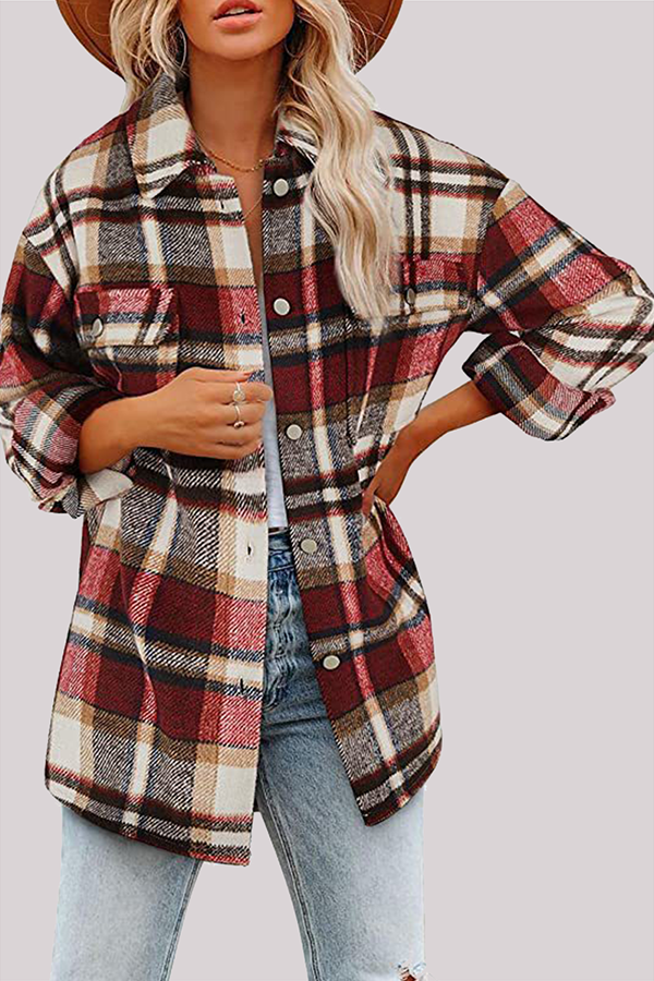 Plaid Pocket Buckle Turndown Collar Outerwear(8 Colors)