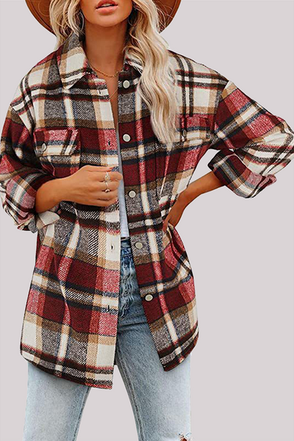 Plaid Pocket Buckle Turndown Collar Outerwear(8 Colors)