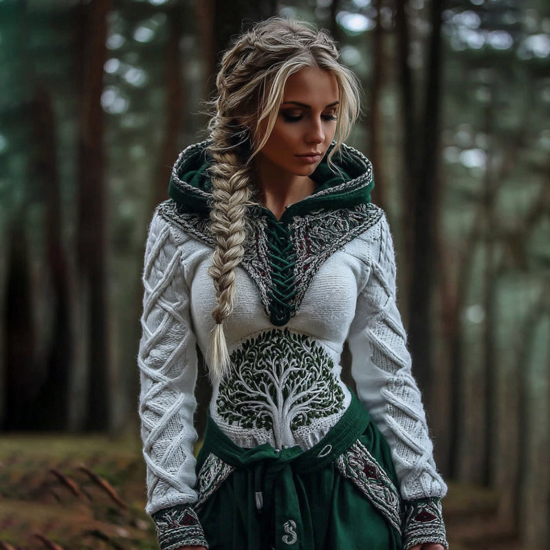 Women's Vintage Tree Of Life Knit Casual Hooded Sweater artswardrobe