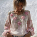Vintage Pink Flowers Glitter Embroidered Flowy Linen Tunic elevenforest