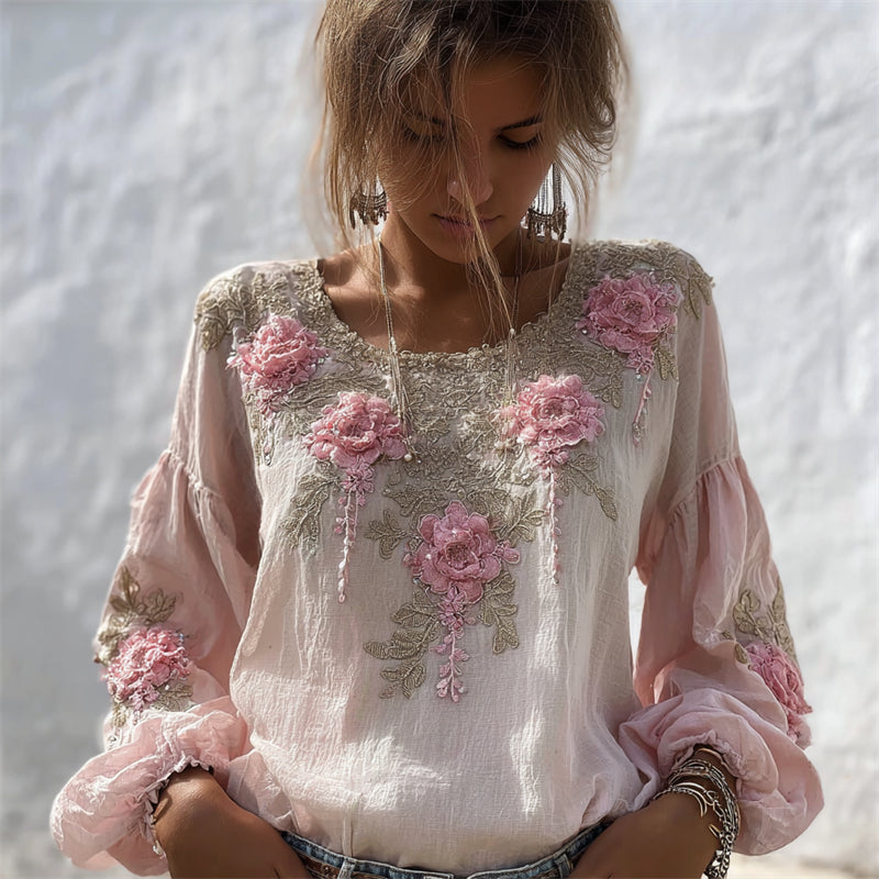 Vintage Pink Flowers Glitter Embroidered Flowy Linen Tunic elevenforest