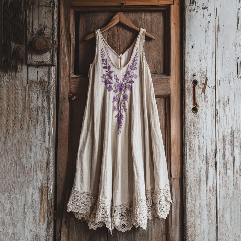 Boho Lavender Embroidered Pattern Lace Linen Dress elevenforest