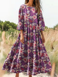 Women's Bohemian Floral Print Flowy Cotton Crew Neck Dress