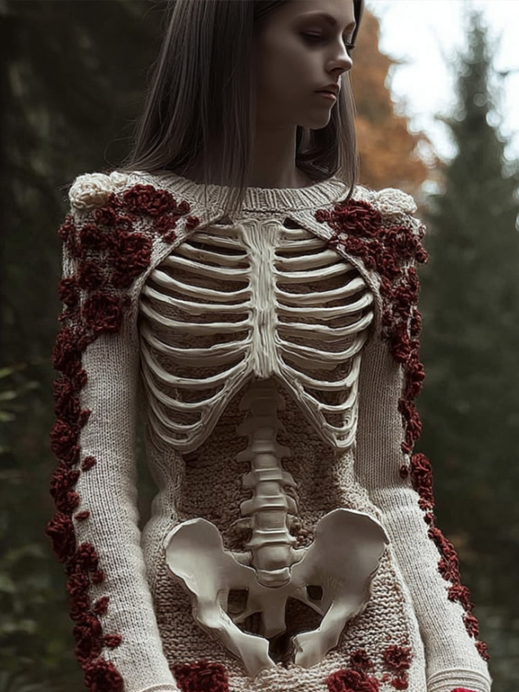 Halloween Skeleton Rose Art Round Neck Sweater artswardrobe