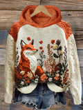 Fall Fox & Flowers Knit Art Cozy Hooded Sweater artswardrobe