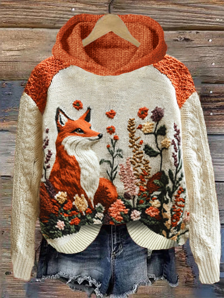 Fall Fox & Flowers Knit Art Cozy Hooded Sweater artswardrobe