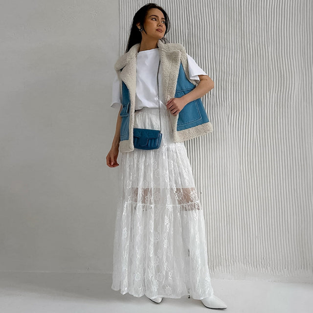 Taruxy Jacquard See-through High-waisted Skirt ’s Summer New Loose A-line Long Skirt Lace Patchwork Color Female