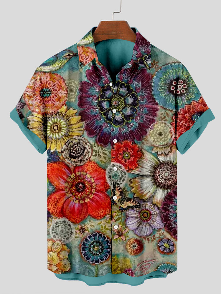 Blue Bird Boho Floral Art Linen Blend Comfy Shirt elevenforest