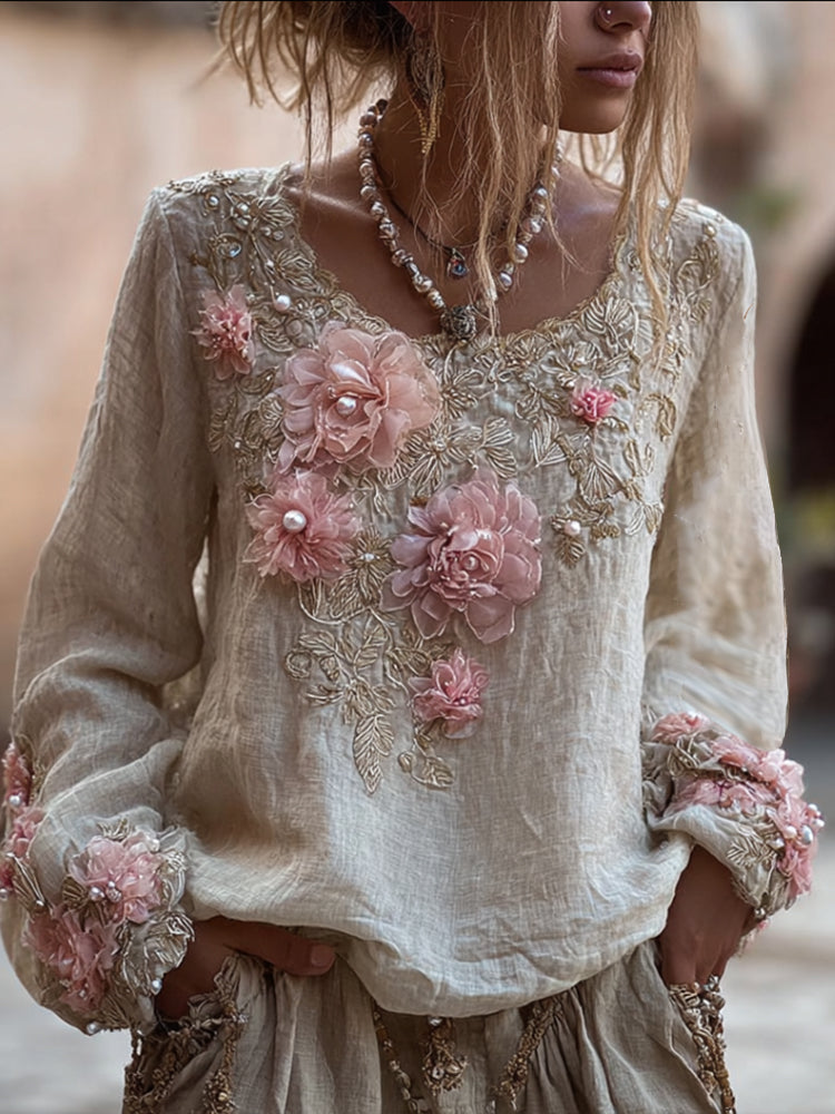 Women's Pink Embroidered Vintage Long-sleeved Round-neck Top elevenforest