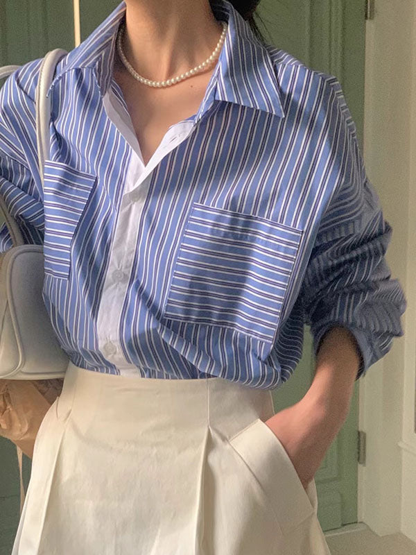Long Sleeves Loose Buttoned Contrast Color Pockets Striped Lapel Blouses&shirts Tops