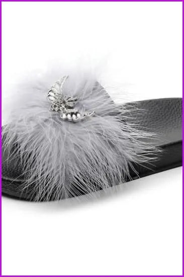 Rhinestone Bow Lady Furry Slides Fur Slippers De239