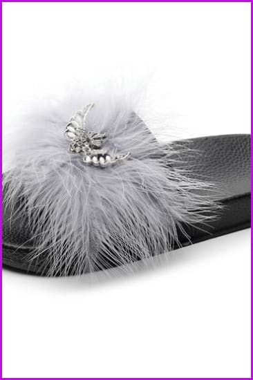 Rhinestone Bow Lady Furry Slides Fur Slippers De239
