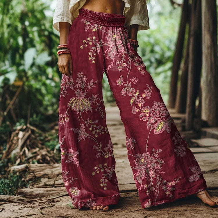 Women's Vintage Bohemia Floral Pattern Linen Blend Casual Pants elevenforest