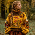 Women's Autumn And Winter Meillard Style And Bohemian Style Plant Flower Embroidery High Neck Thick Sweater elevenforest