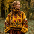 Women's Autumn And Winter Meillard Style And Bohemian Style Plant Flower Embroidery High Neck Thick Sweater elevenforest