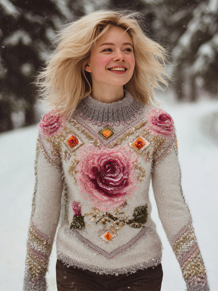 Comstylish Boho Rose Gradient Knit Embroidered Art Women's Turtleneck Icelandic Sweater