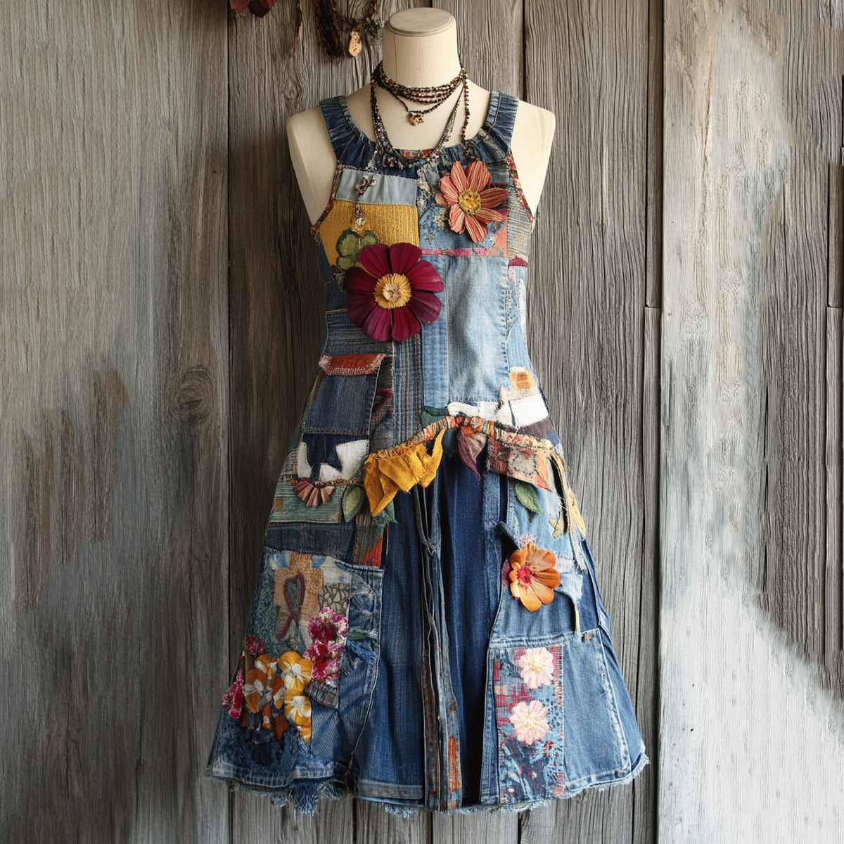 Vintage Denim Sunflower Floral Patchwork Sling Dress elevenforest