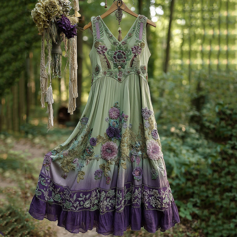 Classy Gradient Purple Lavender And Floral Embroidered Linen Tank Dress elevenforest