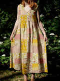Vintage Cottagecore Floral Patchwork V Neck Linen Dress elevenforest