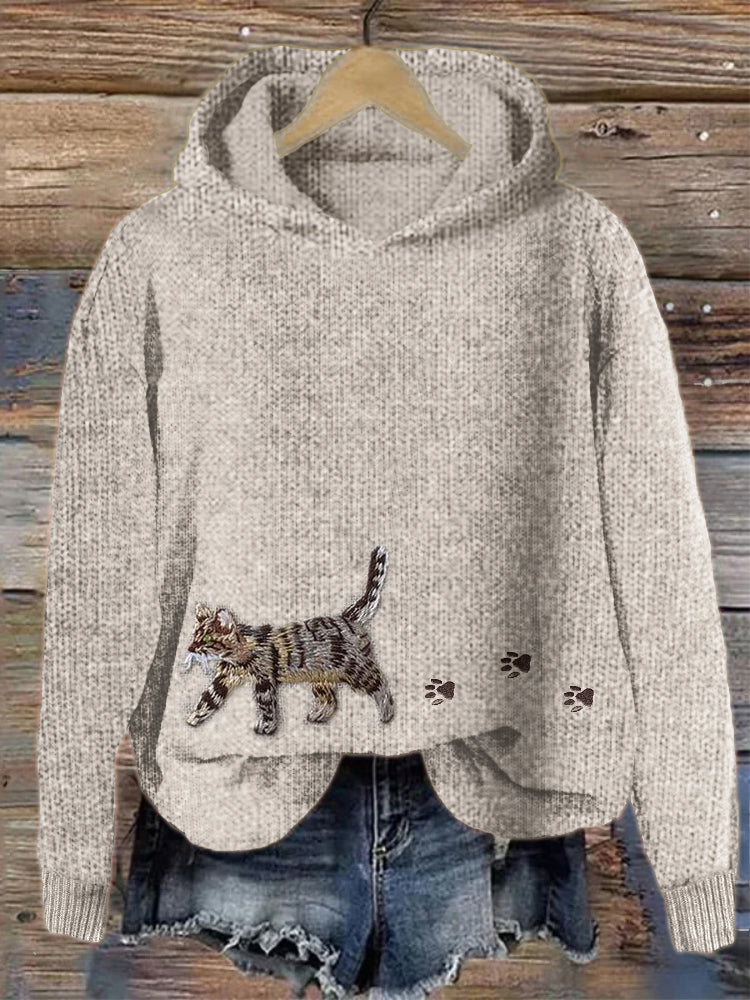 Cat & Paw Prints Embroidered Cozy Knit Hooded Sweater elevenforest