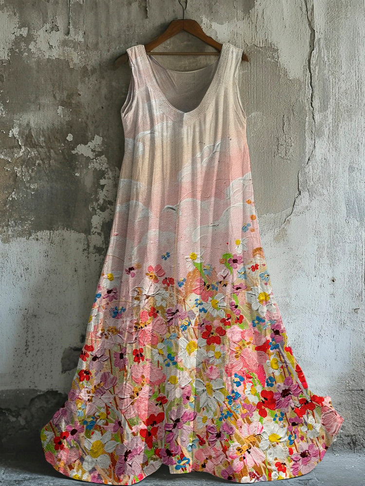 Vintage Oil Painting Floral Art Women's Linen Vest Dress elevenforest