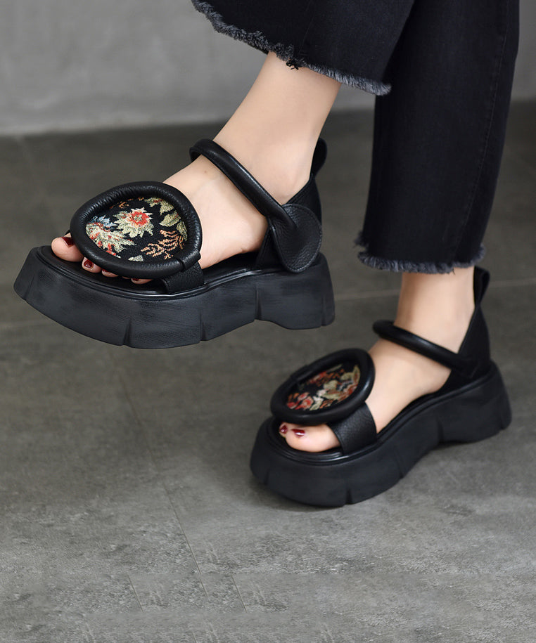 Retro Chocolate Platform Cowhide Leather Fitted Splicing Sandals Oi018