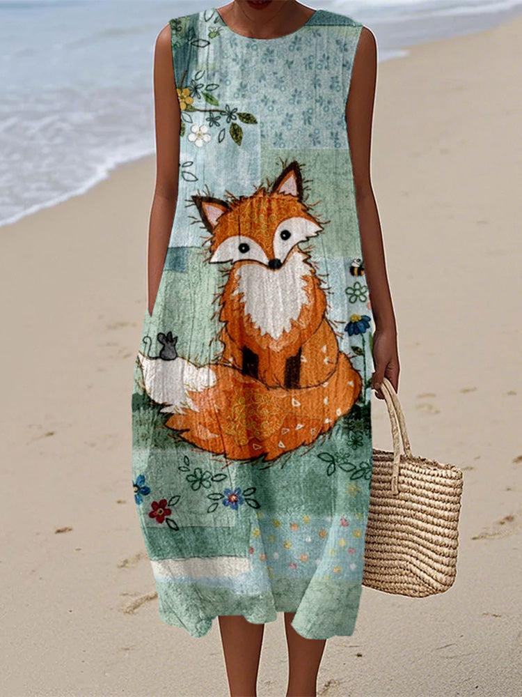 Cute Fox Patchwork Art Linen Tank Dress elevenforest