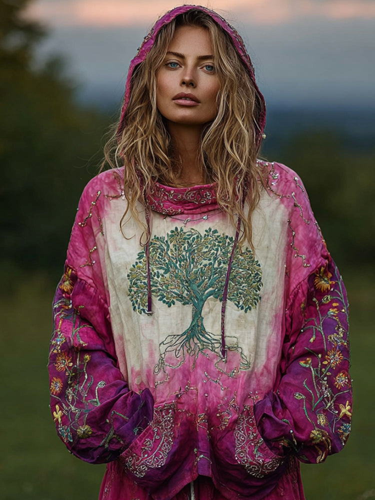 Ladies' Plant Embroidery Tie-dye Vintage Ethnic Style Hooded Sweater elevenforest