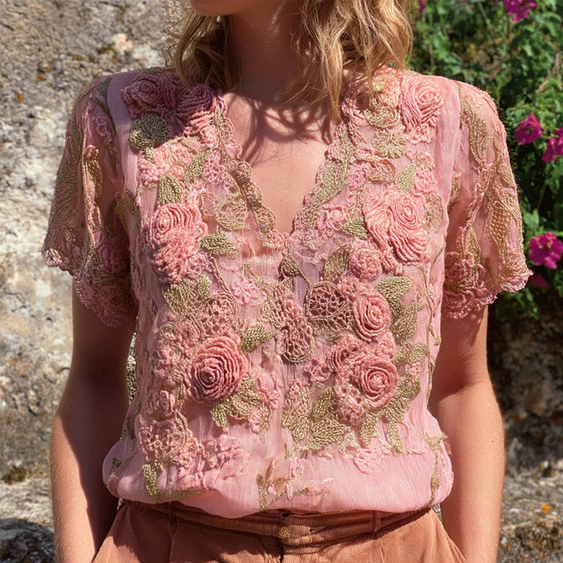 Pink Lace Roses Embroidered V Neck Linen Tunic elevenforest