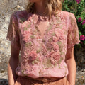 Pink Lace Roses Embroidered V Neck Linen Tunic elevenforest