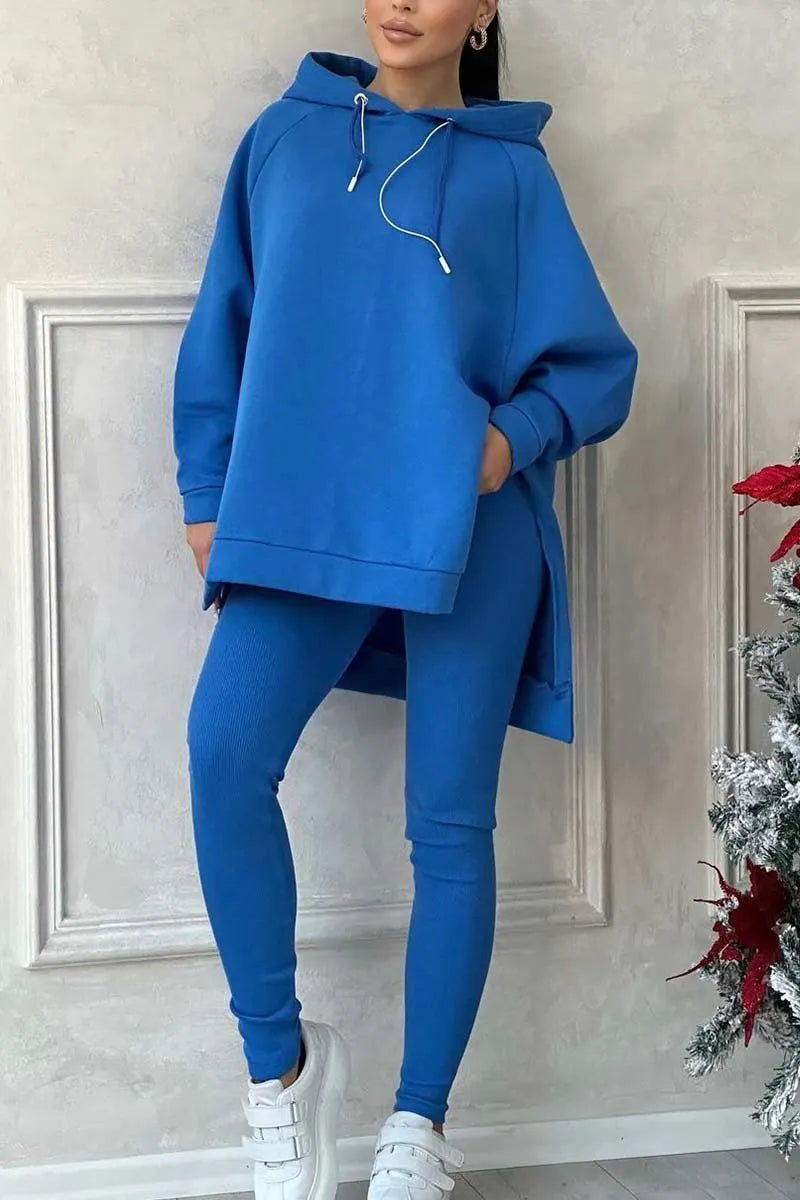 Color Slit Hem Hooded Sweatshirt Sports Suit