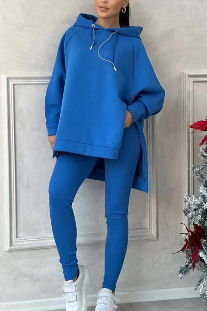 Color Slit Hem Hooded Sweatshirt Sports Suit