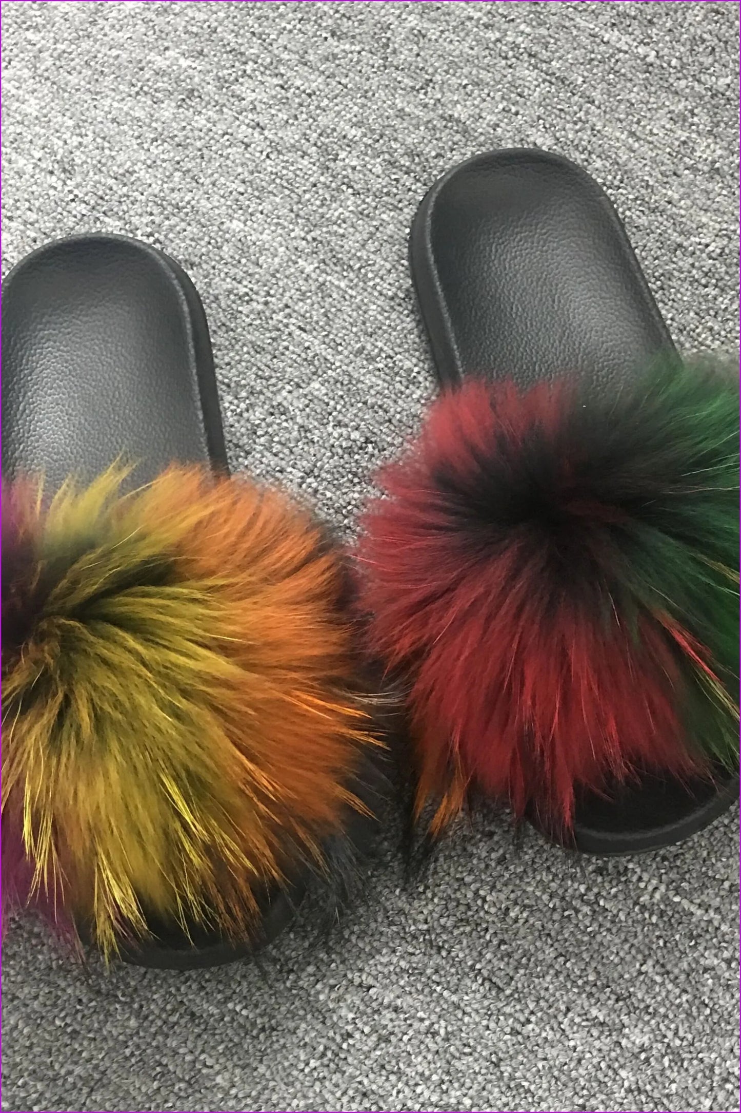 { Ready Stock } Mixed Colorful Raccoon Full-pelt Fur Sliders F013
