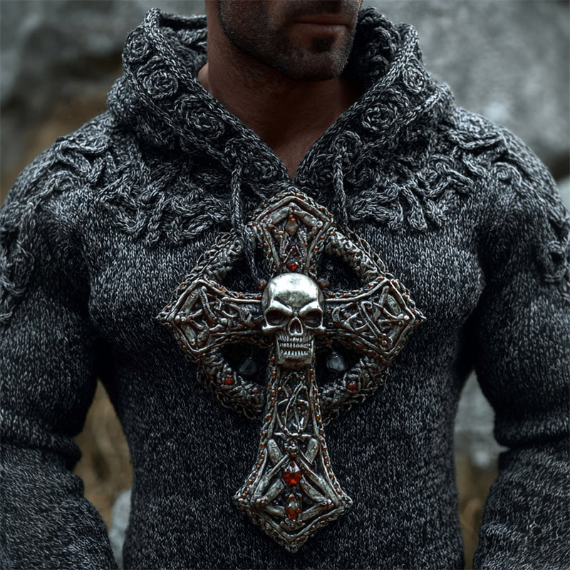 Men's Vintage Skull Cross Celtic Cozy Chunky Hooded Sweater artswardrobe