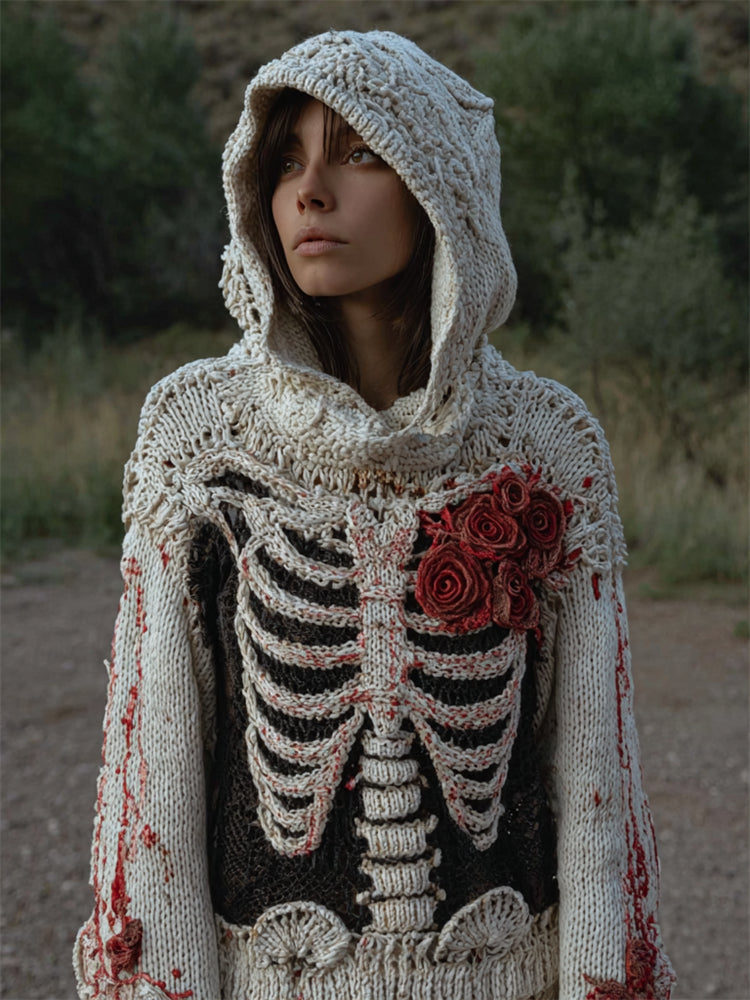 Halloween Bleeding Roses Heart Skeleton Cozy Knit Hooded Sweater artswardrobe