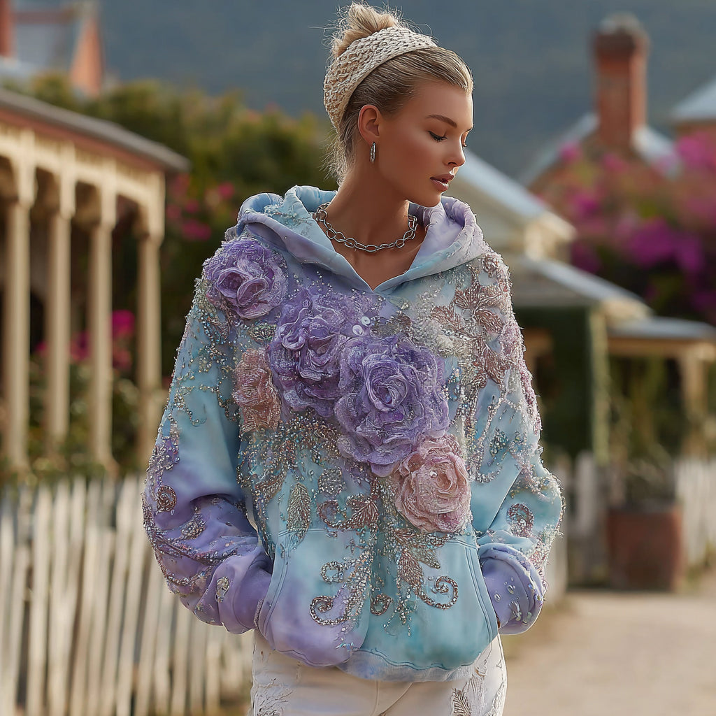 Women's Retro Purple Rose Gradient Pattern Casual Hoodie elevenforest