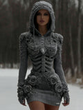 Comstylish Women's Vintage White Rose And Skull Patchwork Knit Hooded Sweater