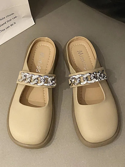 Chains Round-toe Shallow Cut Split-joint Mary Janes Slippers