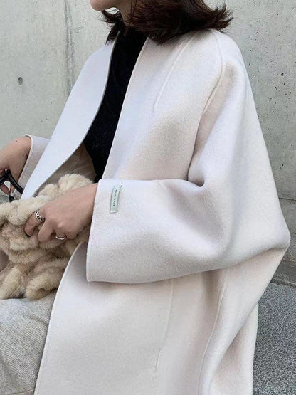 Long Sleeves Loose Color Collarless Woolen Coat