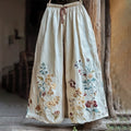 Vintage Floral Embroidered Art Comfy Linen Pants elevenforest