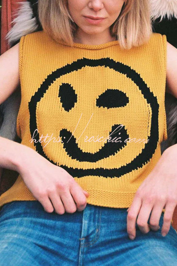 Always Happy Face Knit Unique Pattern Versatile Loose Tank Top