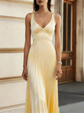 Comstylish Classy Slim Waist Flowy Pleated Satin Maxi Dress