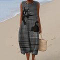 Comstylish Cute Black Cat Stripe Art Pattern Linen Tank Dress