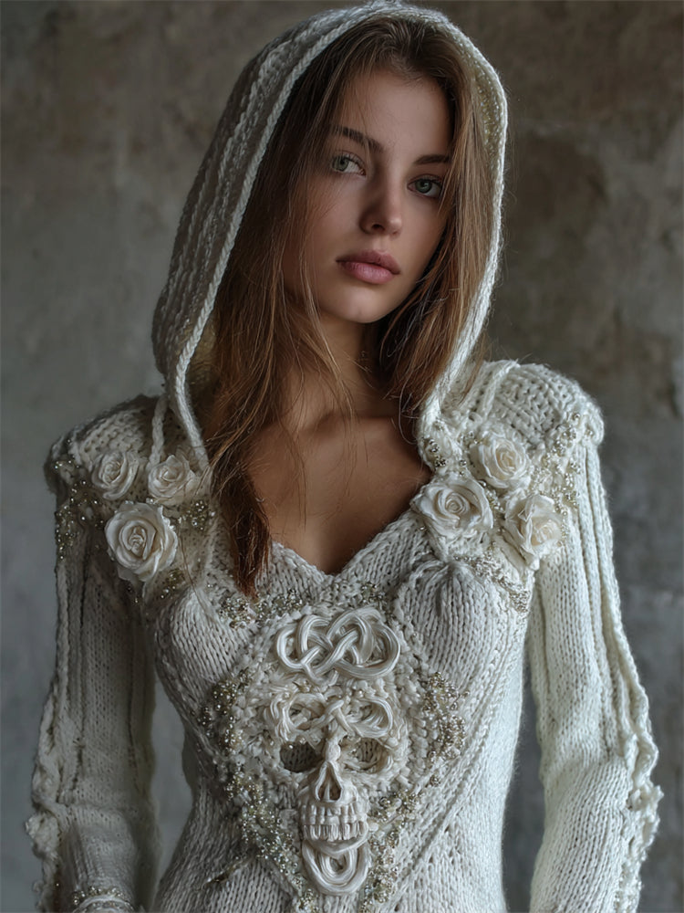 Vintage White Roses Celtic Skull Beaded Hooded Cozy Knit Sweater elevenforest