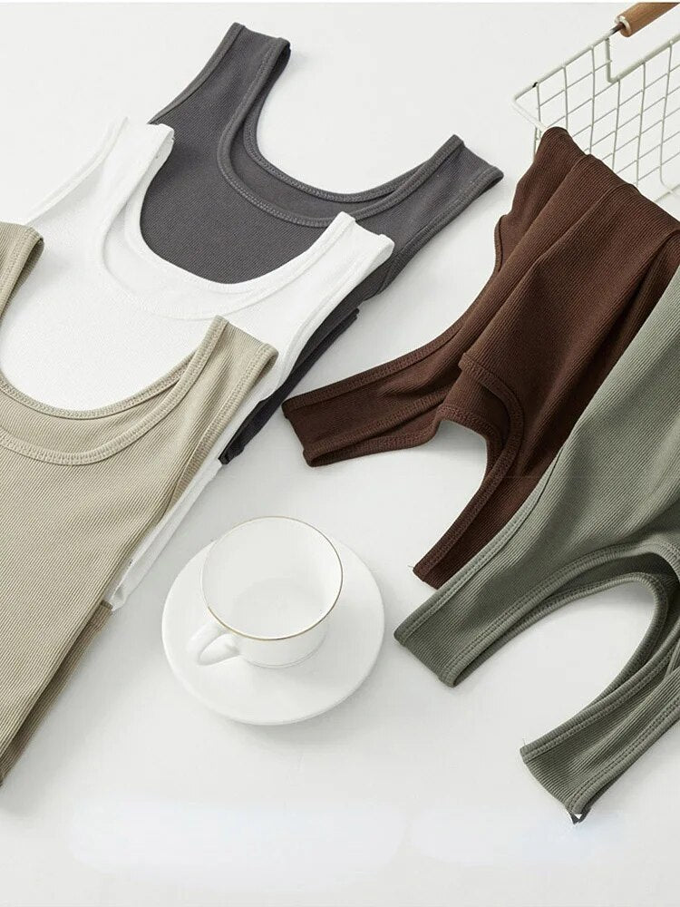 Summer Ribbed Knitted Tank Tops Off Shoulder Crop Tops Basic Shirts Suspender Sport Vest Slim Y2k Tops New